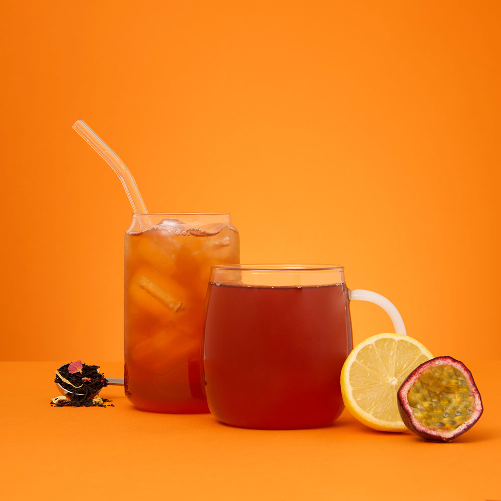 island sunrise black iced &amp; hot tea &amp; spoon with loose leaf in it