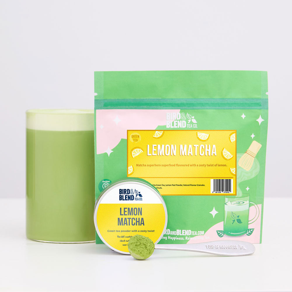 lemon matcha tea tin and pouch