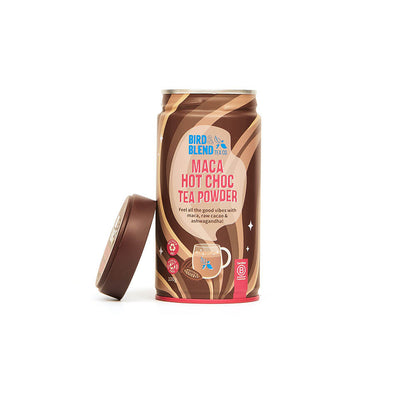 maca hot choc tea powder tin open