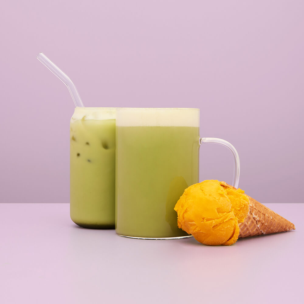 mango sorbet matcha tea iced and hot drink