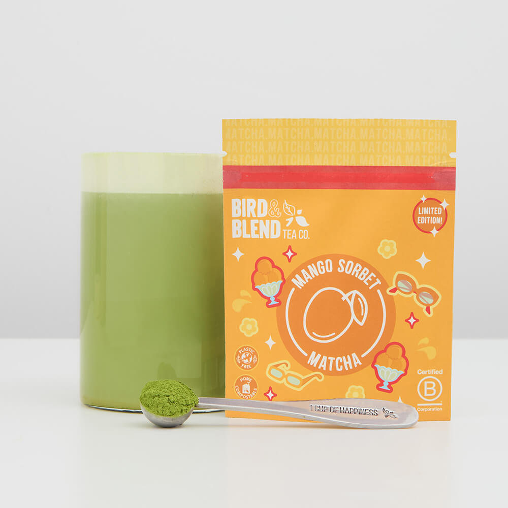 mango sorbet matcha tea pouch and drink and spoon