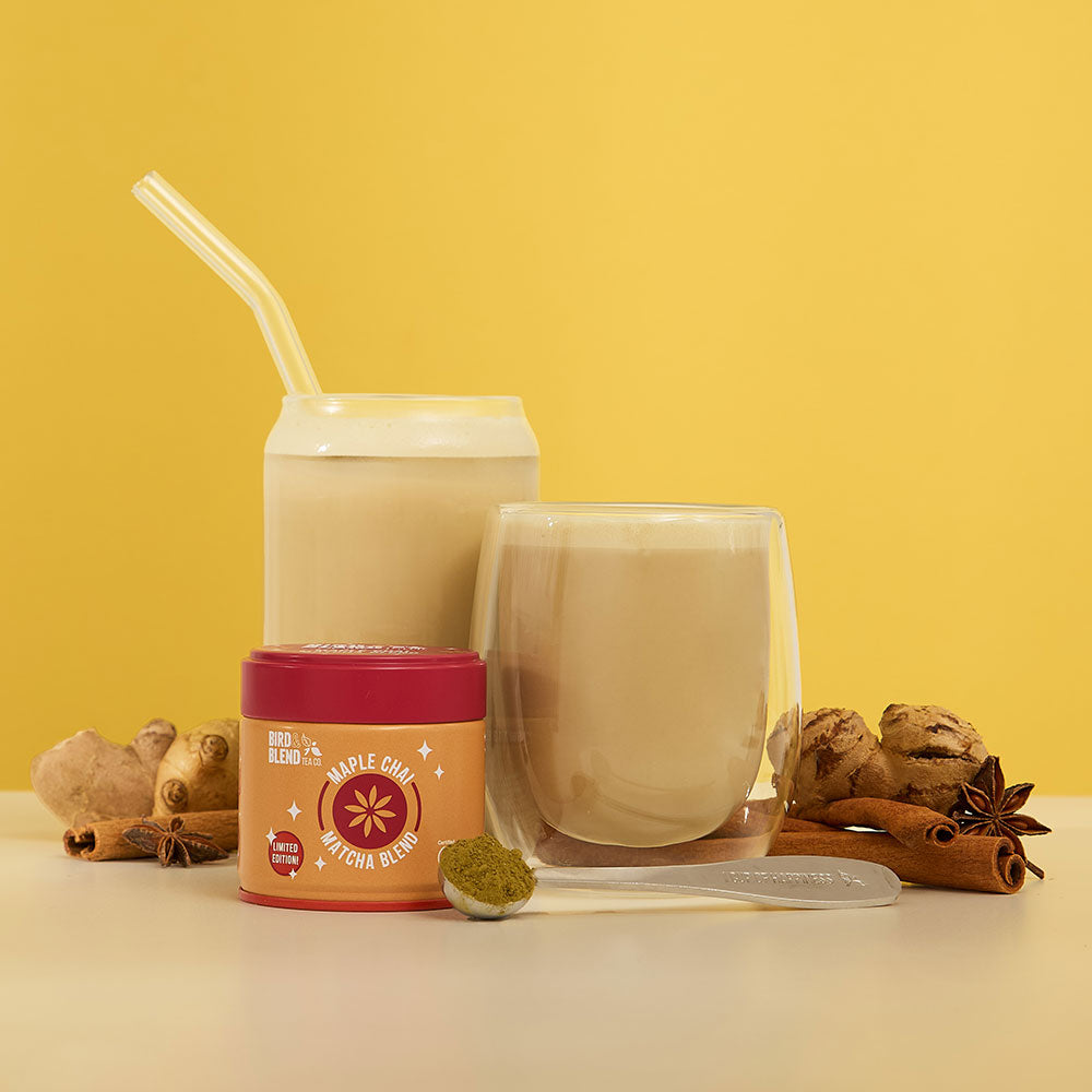 maple chai matcha hot &amp; iced matcha &amp; latte &amp; tin &amp; perfect tea spoon filled with matcha powder with chai spices