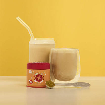 maple chai matcha hot &amp; iced matcha &amp; latte &amp; tin &amp; perfect tea spoon filled with matcha powder