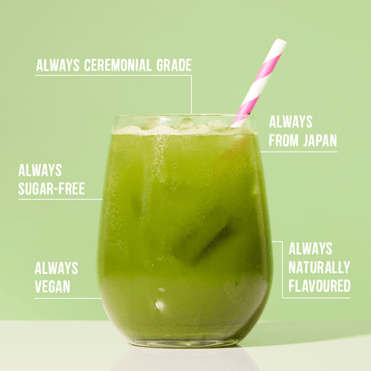 Iced Vanilla ice cream matcha soda with pinka nd white straw and matcha promises stating always ceremonial grade &amp; from japan &amp; naturally flavoured &amp; vegan &amp; sugar free