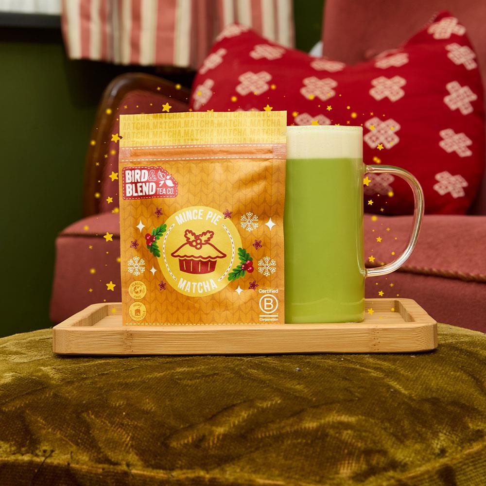 mince pie matcha pouch with hot matcha