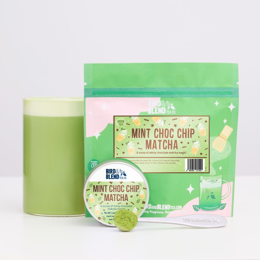 mint choc chip matcha pouch with hot matcha and tin