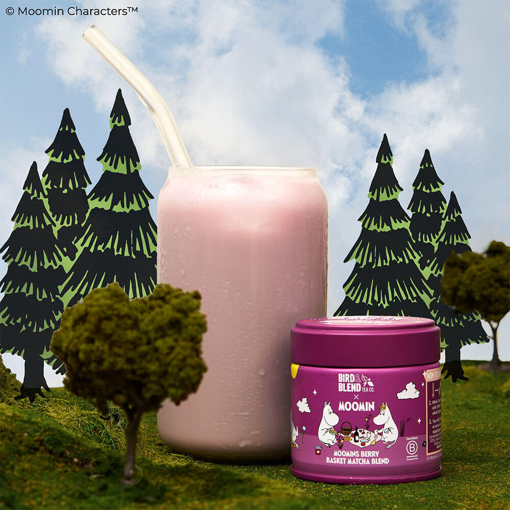 moomins berry basket matcha blend tin & iced matcha latte