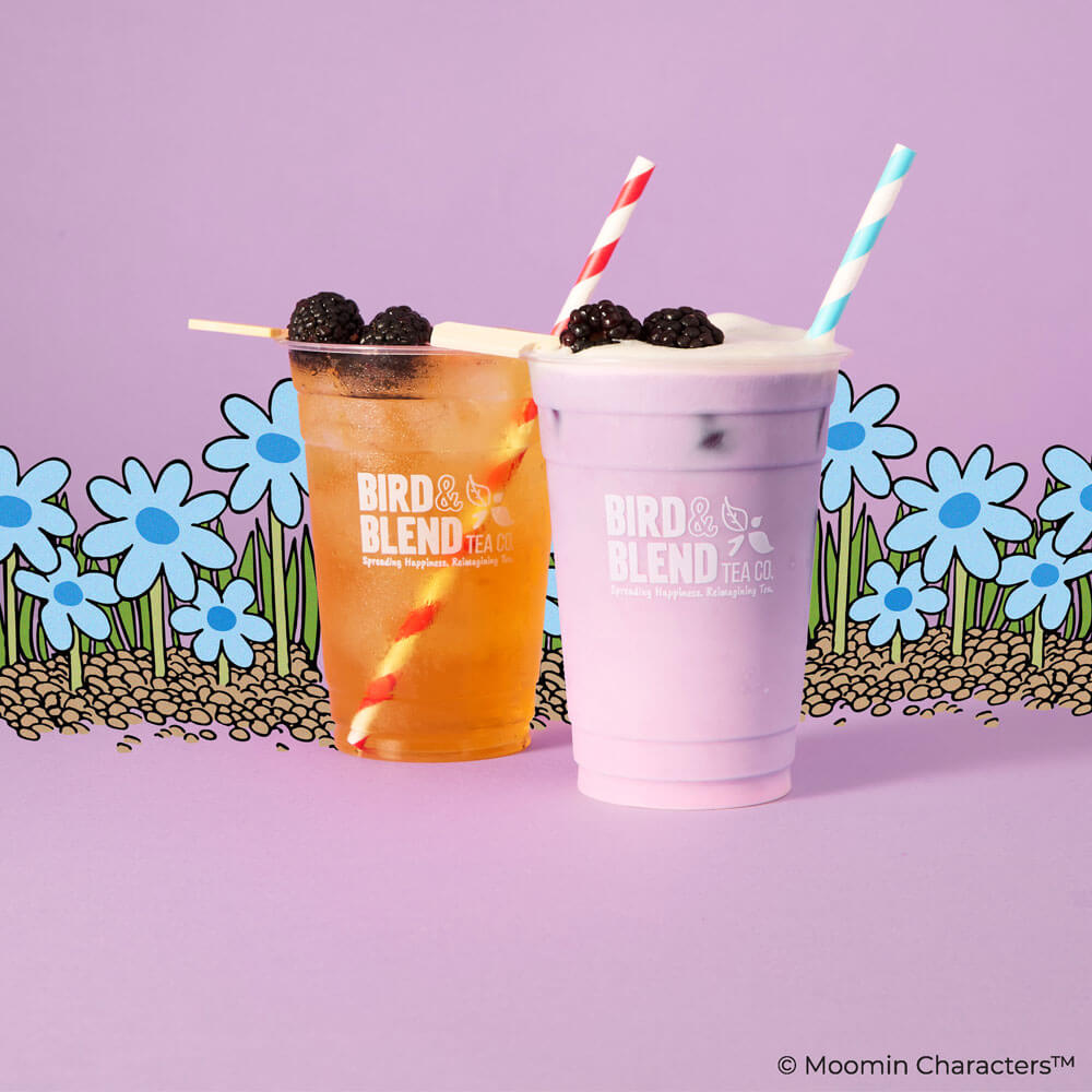moomins instore drinks specials moomins berry basket matcha iced latte and moomins cosy comforts iced tea with blue & red striped straws