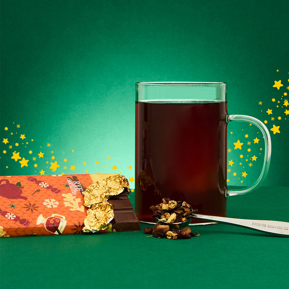 mulled cider tea infused chocolate bar with hot tea