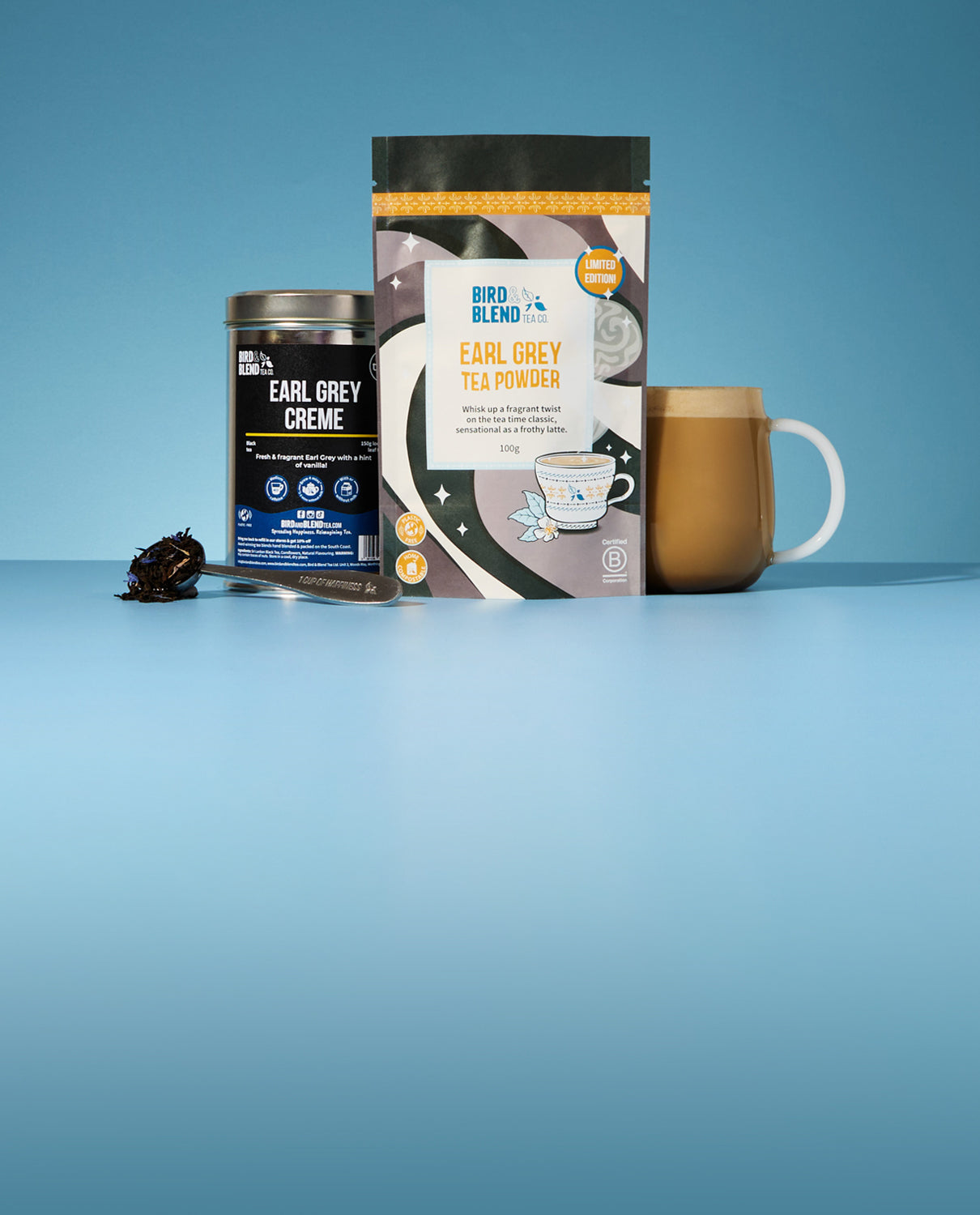 Earl grey tea collection spoon and hot earl grey tea latte