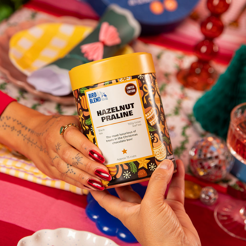  person holding hazelnut praline 150g gift tea tin 
