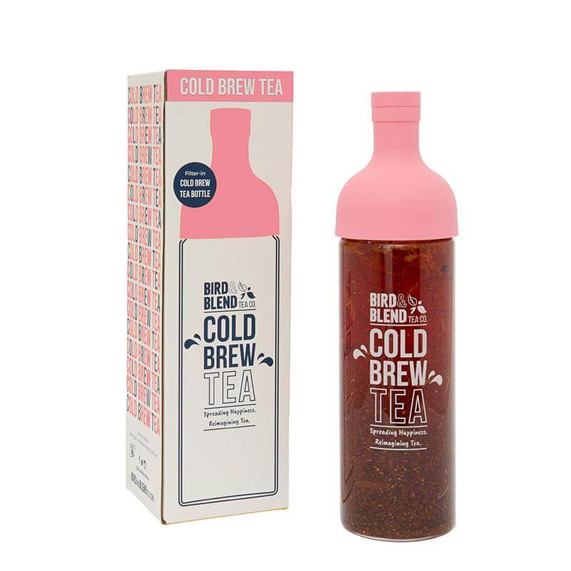 pink cold brew tea bottle and packaging