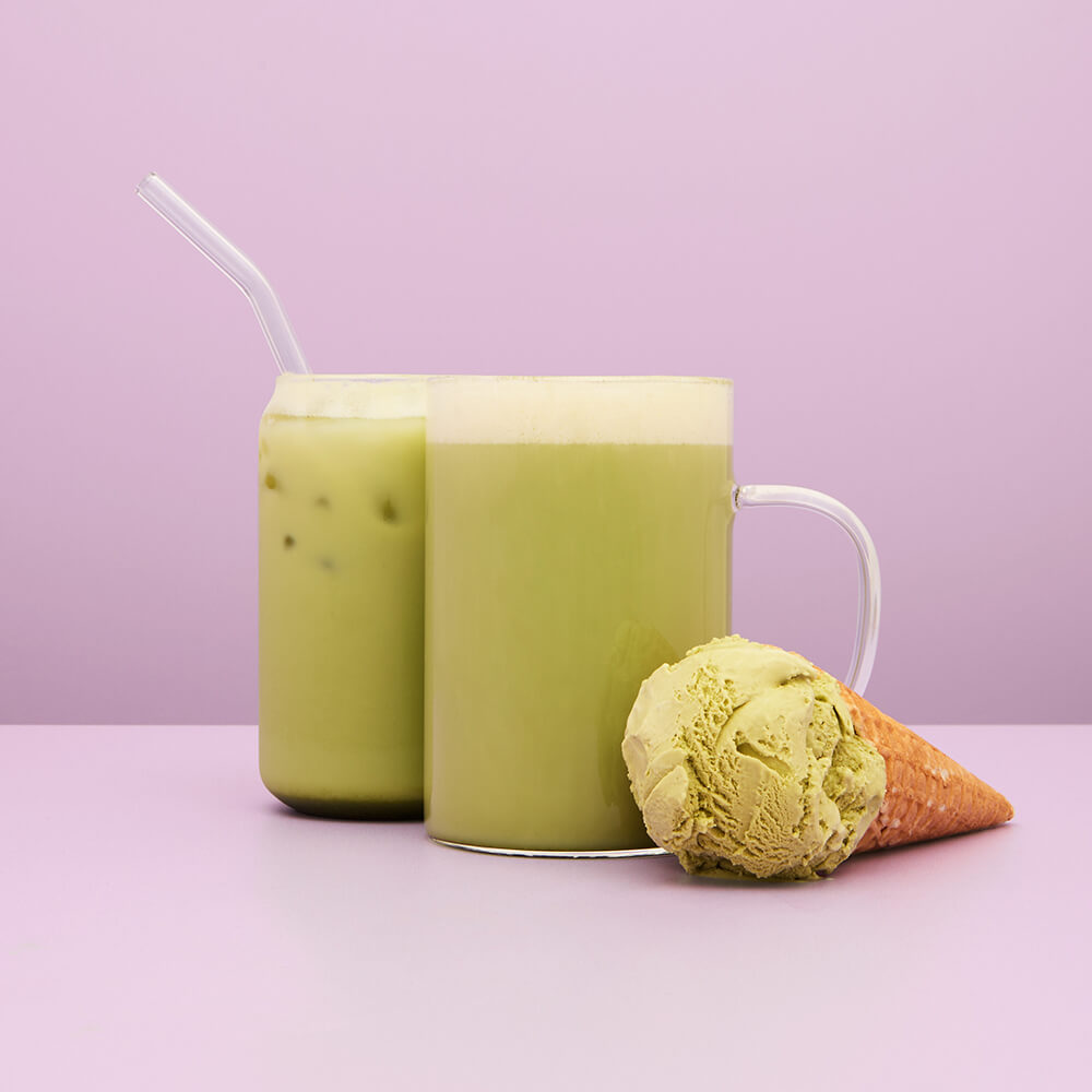 pistachio gelato matcha tea hot and iced latte