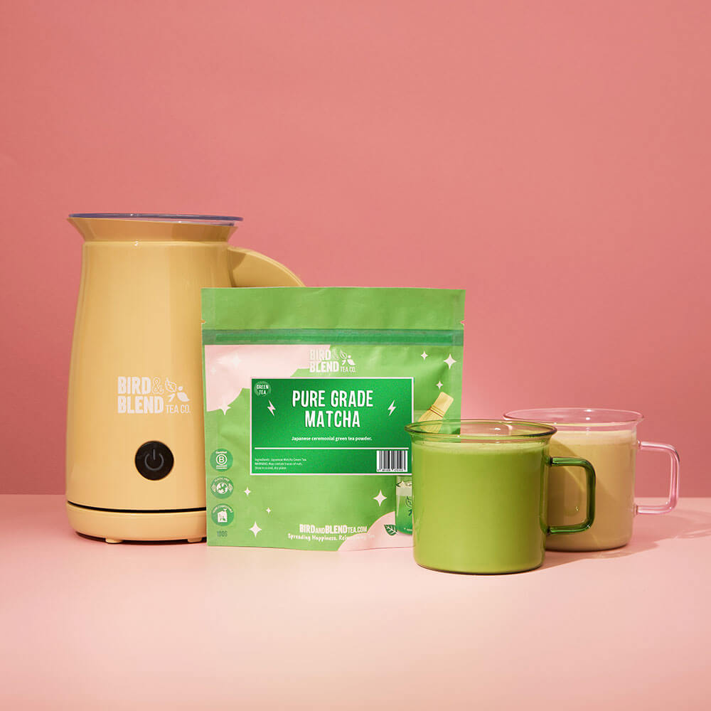 pink and green matcha glass mugs with matcha latte magic whisk