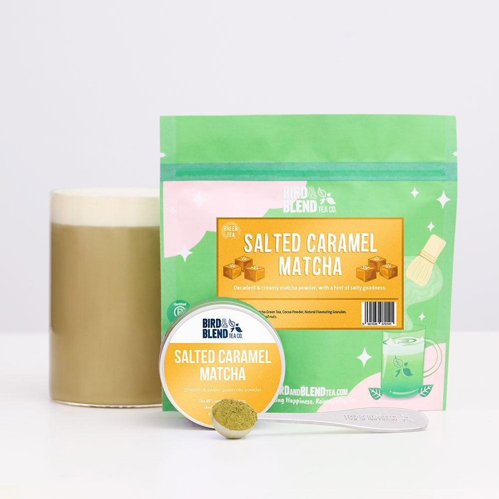 salted caramel matcha tea tin and pouch