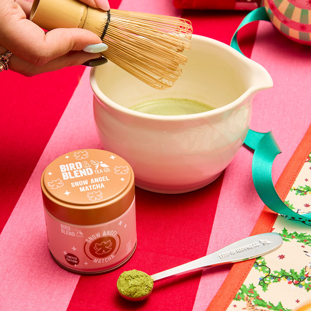 snow Angel matcha tin and traditional bamboo whisk and matcha bowl and perfect matcha spoon