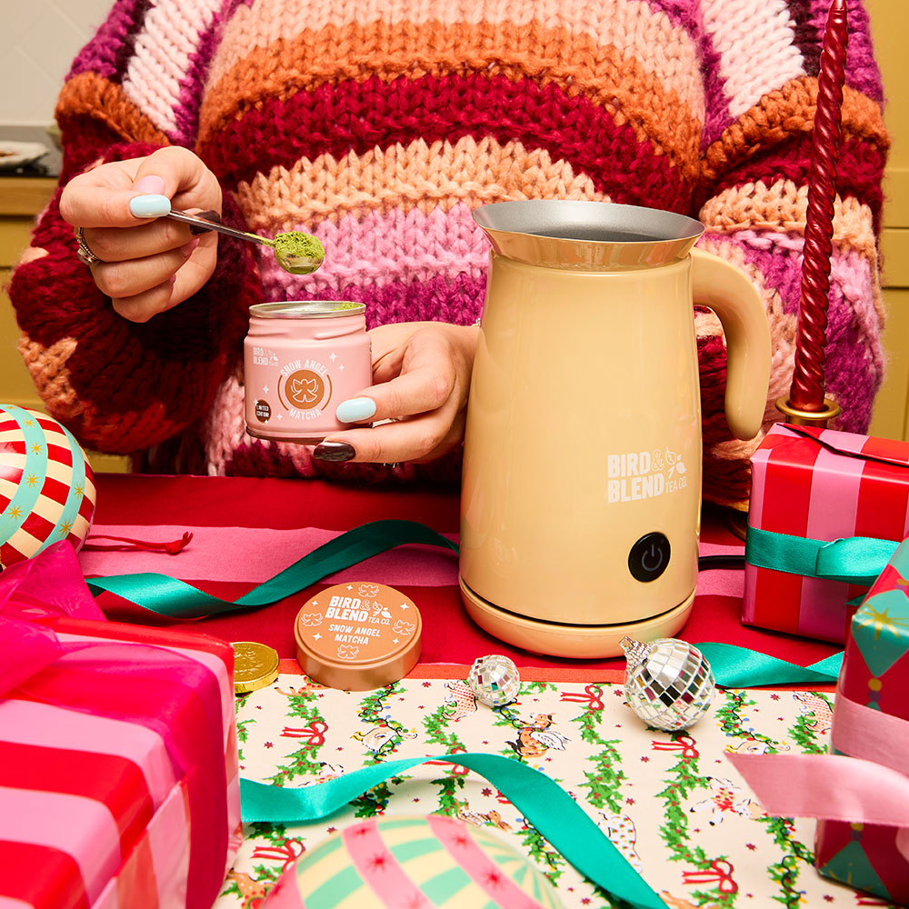 snow Angel matcha tin and bamboo gloss matcha latte magic whisk