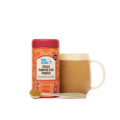 spiced pumpkin chai powder in &amp; hot chai latte &amp;spoon