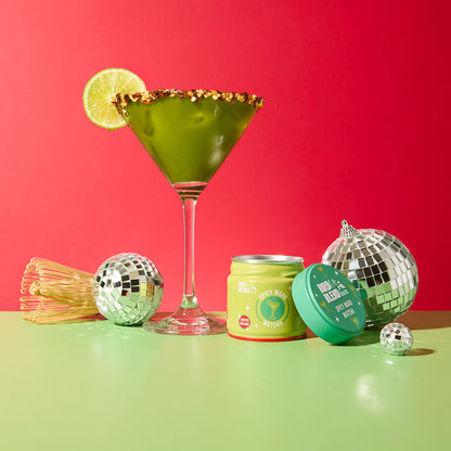 spicy margarita matcha tin open and matcha cocktail with chilli rim