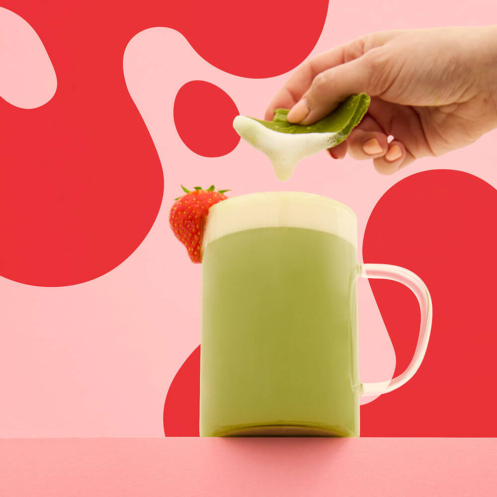 strawberries and cream matcha tea latte with matcha infused easter egg