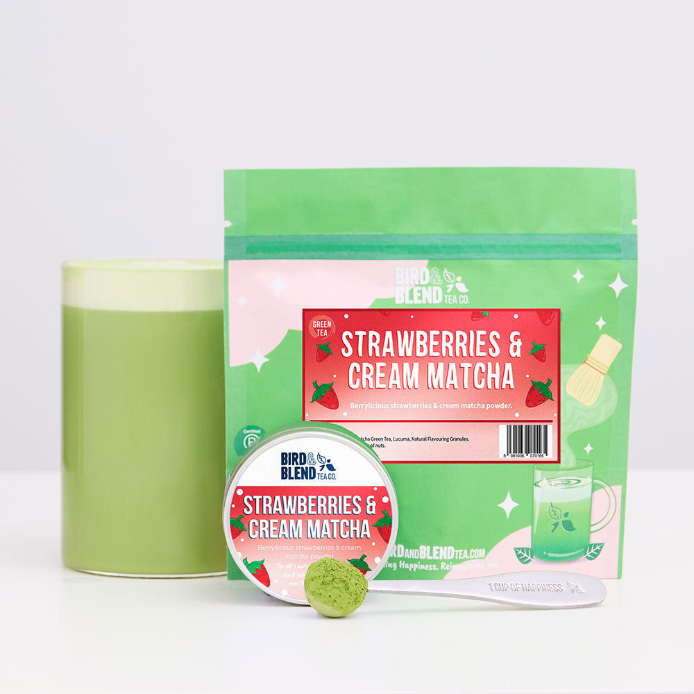 strawberries and cream matcha tea tin and pouch