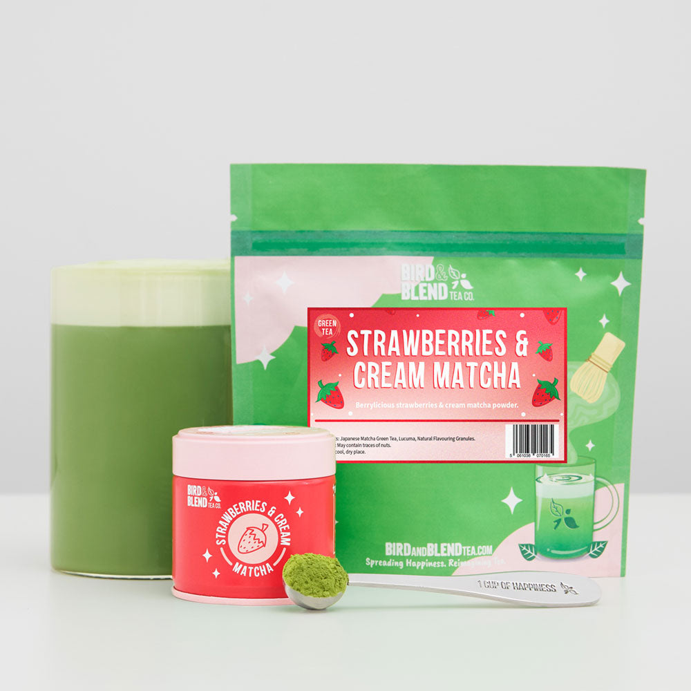 strawberries and cream matcha hot matcha with tin