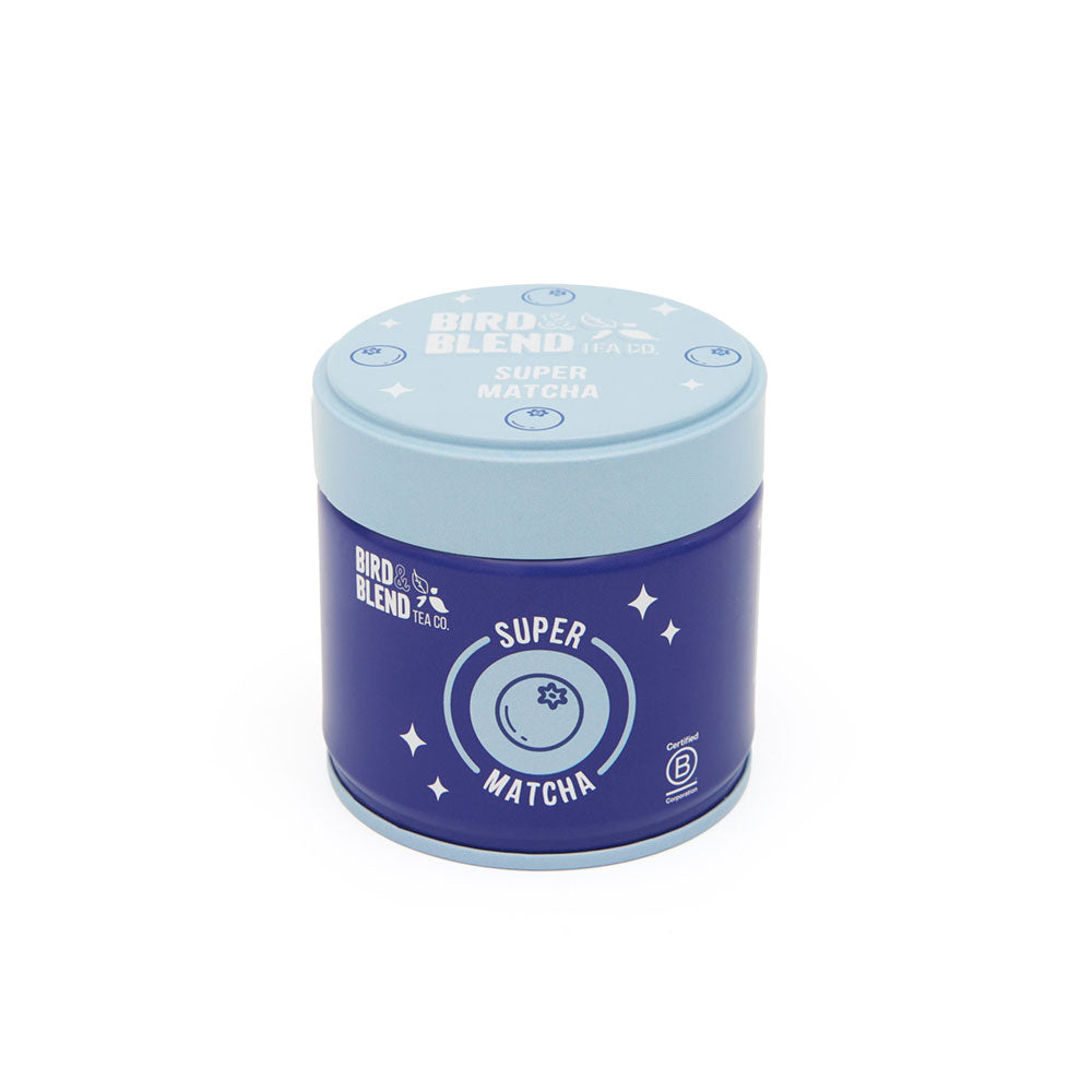 super matcha tin blueberry design