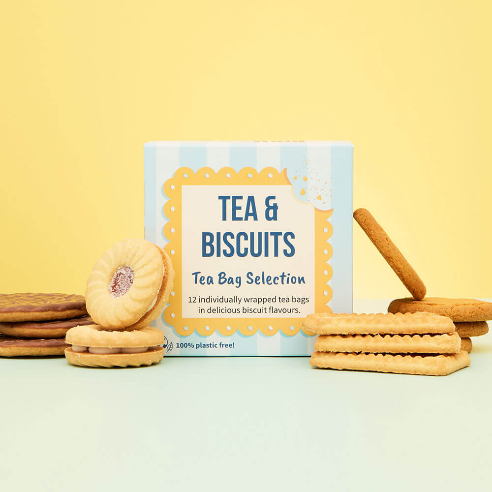 tea &amp; biscuit tea bag selection gift cube with assorted biscuits