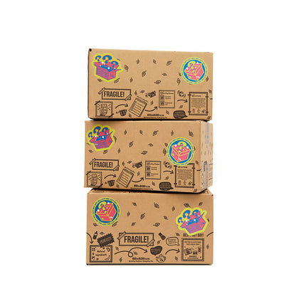 Three mystery tea boxes stacked including Classic, bumper and mega mystery tea boxes.