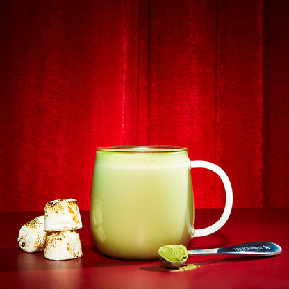 toasted marshmallows &amp; toasted marshmallow matcha latte &amp; matcha tea powder in perfect matcha spoon