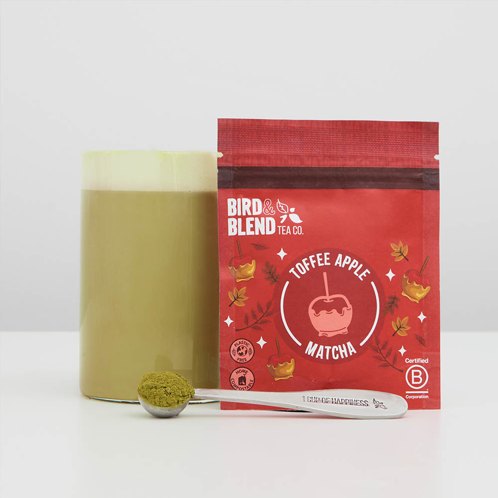 toffee apple matcha pouch with hot matcha