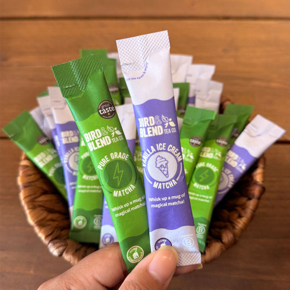 Vanilla ice cream matcha samples &amp; ceremonial pure grade matcha sample sachets in bowl &amp; hand
