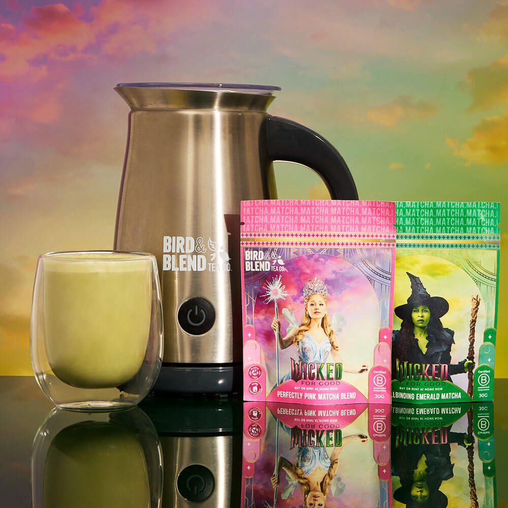 stainless steel matcha latte magic whisk Glinda pink matcha and Elphaba green matcha