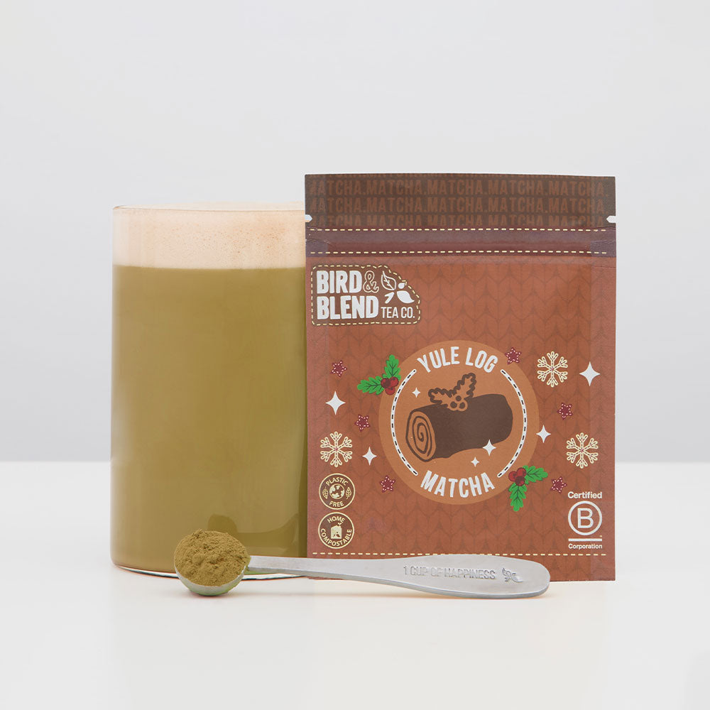 yule log matcha pouch with hot matcha and perfect matcha spoon