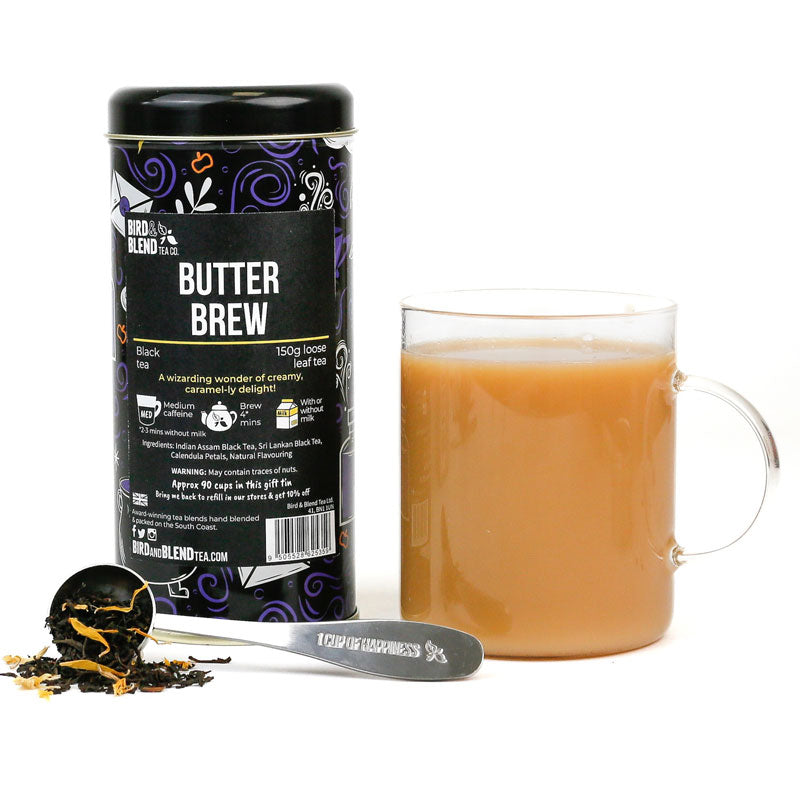 butter brew limited edition tea tin with cup of tea