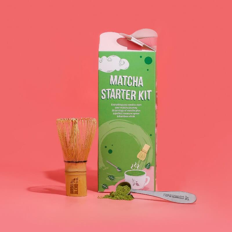 matcha starter kit with spoon and whisk